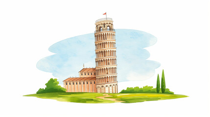 Watercolor illustration of the Leaning Tower of Pisa whimsical and charming isolated on a white background 