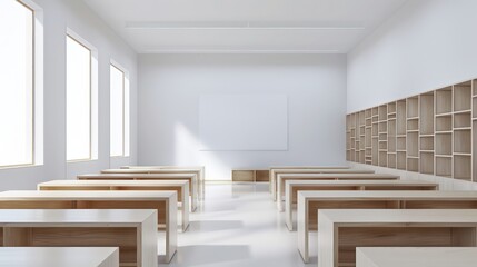 Wall Mural - A clean and spacious classroom with white walls, light wooden desks, and minimalist shelving