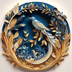 Blue and gold floral background with bird in the form of a circle