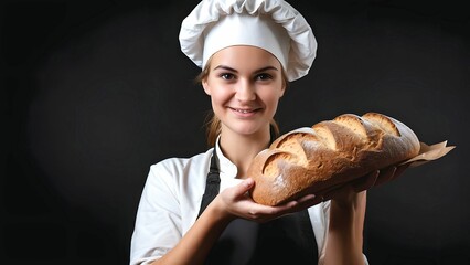 Wall Mural - Young female baker chef and her freshly-baked bread, skilled craft artisan who love making breads, cakes or pastries or business bakery shop owner