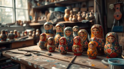 A Group of Colorful Russian Dolls Sitting on a Table Next to a Paint Brush - Generative AI