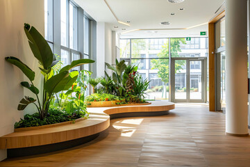 Wall Mural - Modern Office Lobby with Green Plants and Curved Wooden Bench.