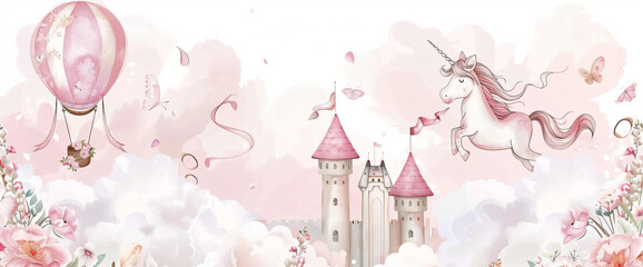 Poster - Magical Unicorn and Hot Air Balloon in Pink Sky.