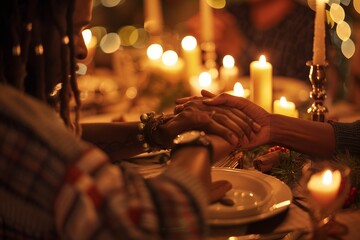 Close up of an African American family holding hands in prayer at the dinner table for Christmas. Plates and silverware on tables with candles. There is an empty chair next to one person who has dread