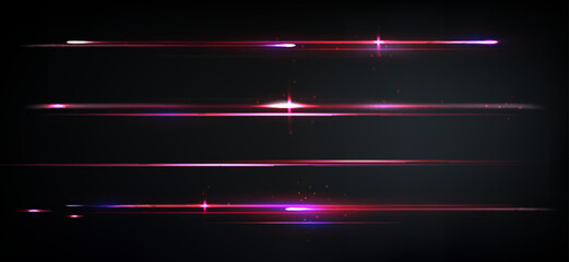 Neon red light lines glowing on black background. Vector realistic illustration of horizontal laser beams with sparkles and shimmering particles, modern space technology, communication speed effect