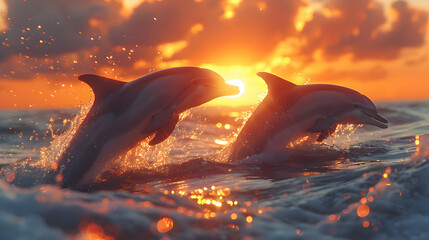 Two Dolphins jumping out of the water at Sunset