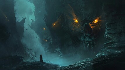 Wall Mural - Dark and eerie cave with glowing eyes