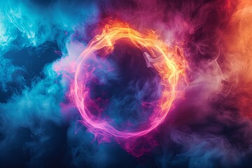 Canvas Print - Vibrant smoke twirls within a luminous circle on a black backdrop, representing contemporary art. 3D Illustration.