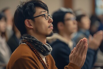 Close up of Asian man praying with rosary beads in his hand, sitting in a chair with other people clapping in the background during a group therapy meeting at a church office. The photo has a soft col