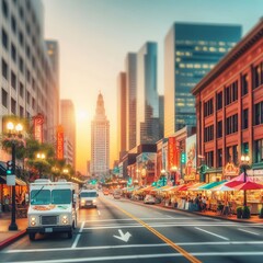 Canvas Print - 49 16. Blur focus of downtown street with food trucks , photo.