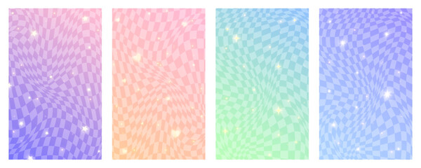 Wall Mural - Checkered gradient background with stars. Set of pastel holographic kawaii backdrops. Abstract vector purple squared wallpapers for design.