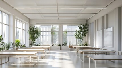 A spacious classroom with minimalist d?(C)cor, white desks, and large windows