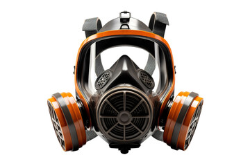 A Close Up View of a Full Face Respirator Mask With Orange Trim, Isolated on a White Background on a Clear PNG or White Background.