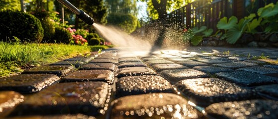 Power Washing Garden Cobble Stone Paths. Outdoor Cleaning Using Pressure Washer