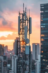 Wall Mural - A towering 5G antenna dominates the skyline, symbolizing the heartbeat of global connectivity.