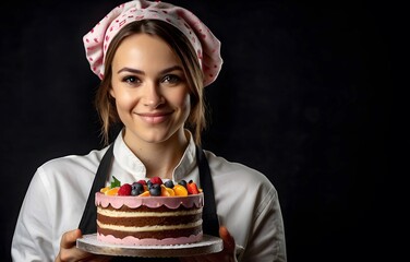 Wall Mural - Young female baker chef and her lovely beautiful decorated cake, skilled craft cake maker who love making cakes, cake business owner, bakery shop owner