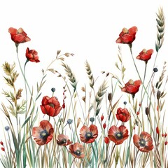 Wall Mural - Watercolor tall grass and red poppys on a white background