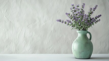 Canvas Print - Simplistic decor: lavender flowers in green vase on white table with white backdrop