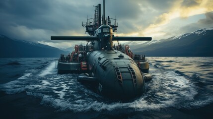 Canvas Print - A black submarine cuts through the open sea, its tower prominent against a backdrop of an overcast sky  