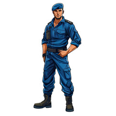 Wall Mural - An illustration of a macho soldier man wearing a blue beret, looking at the camera