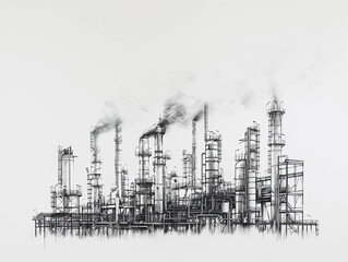 black and white pencil drawing of an industrial refinery in fog