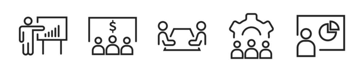 Wall Mural - business presentation icon set. set of 5 outline icons related to meeting, conference, business peop