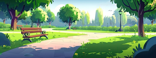 Wall Mural - Panorama of the spring or summer park with green trees, path and benches. Cartoon illustration.