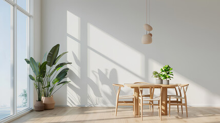 Wall Mural - Home living room interior with dining table and chairs, window. Mockup wall 