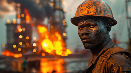 Wall Mural - Refinery workers in overalls in the background of an oil refinery