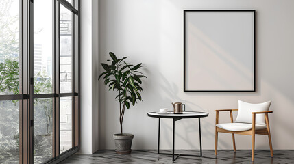 Wall Mural - Modern home living room interior with eating table and armchair, mockup frame 