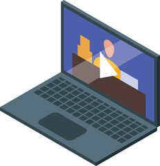 Poster - Businessman attending online meeting on laptop with play button on screen