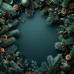 an elegant christmas scene with pine cones, and decorative leaves on a vibrant dark background.