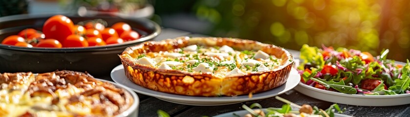 Closeup of a dynamic brunch setting with baked quiches, muffins, and colorful salads, bright natural light, photorealistic, sharp focus