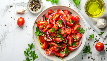 Wall Mural - Summer vegan tomato salad with parsley, red onion, garlic, pepper and olive oil dressing, white table background, top view