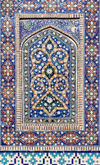 Sticker - Vertical background with detail of ancient mosaic walls with floral and geometric ornament. Traditional tile decoration on wall, Bukhara, Uzbekistan