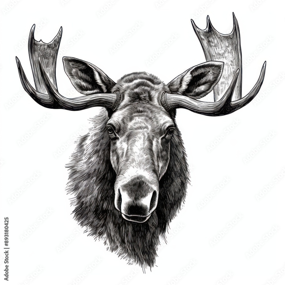 Black and white Vintage engraved art of a portrait of a moose isolated ...