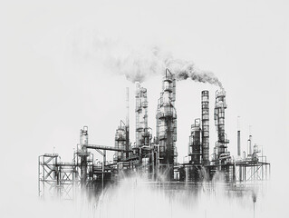 black and white pencil drawing of an industrial refinery in fog