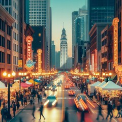 Wall Mural - 86 131. Blurred focus of city street during a street fair , phot