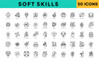 © Gravisio - Soft skills icon set with communication, collaboration, creativity, problem solving, adaptability, leadership, teamwork, time management, decision making, empathy icon. Simple line vector