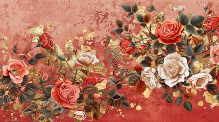 A red embroidered rose pattern background, showcasing an elegant and artistic design with a classic, sophisticated touch