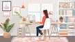 © SUNSU - Focused Flow: A young woman immersed in her work, diligently typing away on her computer in her cozy and organized home office.