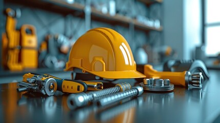 Construction Tools and Yellow Helmet for Happy Labor Day Concept