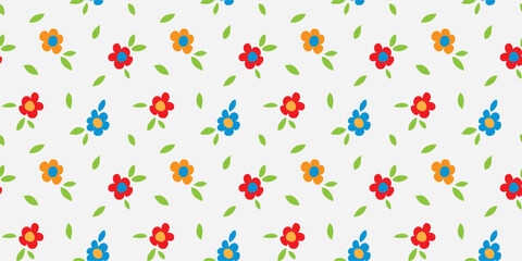 Wall Mural - Colorful flower seamless pattern illustration. Children style floral doodle background, funny basic nature shapes wallpaper.