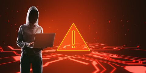 Sticker - Hacker with laptop and red warning hologram on digital backdrop. Virus and hacker attack concept.