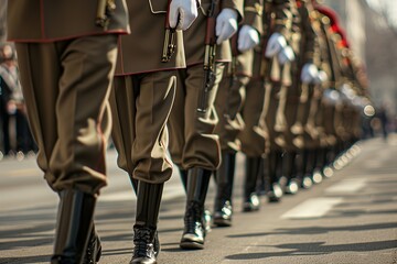 An army marching parade on the street, uniformed soldiers in brown uniforms and white gloves holding bayonets with red ribbons walking along the road, a blurred background of another group of military