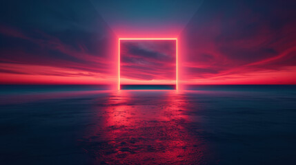 Wall Mural - Glowing neon square frame against a vibrant sunset sky, casting reflections on a serene ocean. Fusion of natural beauty and modern art.