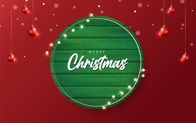 Wall Mural - Merry Christmas sign banner green wood frame on red background