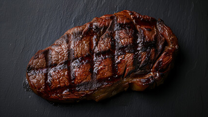 Canvas Print - Grilled steak with dark grill marks on a black background.