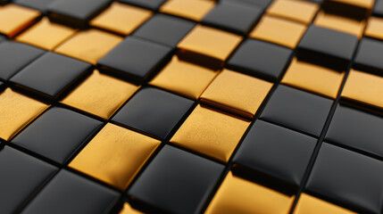 Wall Mural - ed abstract background with glossy black and gold cubic tiles forming a geometric pattern, modern an
