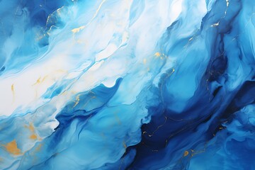 Abstract blue and gold marble texture background. Fluid art painting.